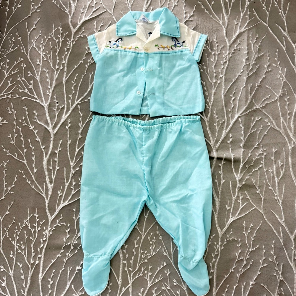 Vintage Celanese Blue Embroidered Horse Chick Baby Shirt and Footed Pants Set